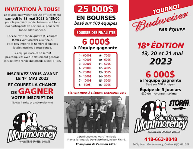 Tournoi Budweiser 2023 Quilles Montmorency
